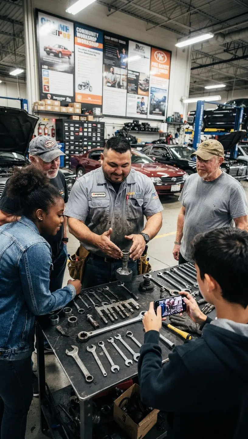 Technicians performing a full vehicle inspection and maintenance at a comprehensive auto repair facility.