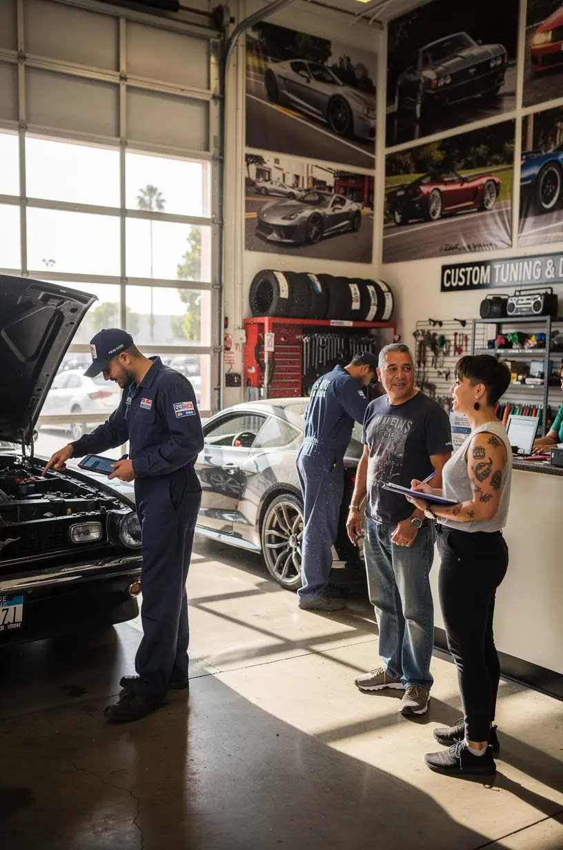 Custom car parts being installed by skilled mechanics in a Los Angeles auto customization workshop.